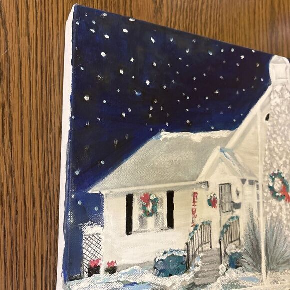 Original Signed Christmas Architecture Painting Snowy Starry Winter Sky - Picture 5 of 10